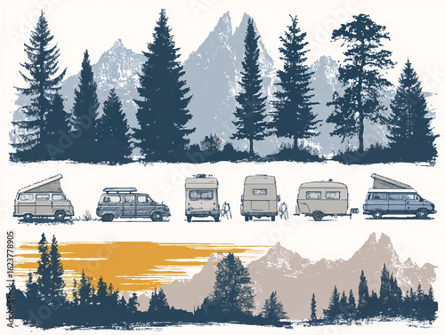 Retro camper vans with evergreen trees and mountain range perfect for outdoor adventure themed designs and vacation getaways