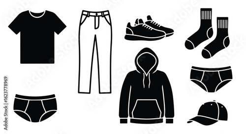 Casual outfit consisting of jeans, sneakers, and a hoodie, isolated on white background doodle style icon set