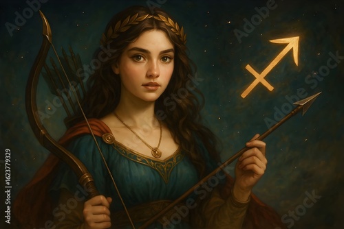Beautiful young woman with bow and arrow symbolizing Sagittarius in a celestial setting at night Zodiac Sign