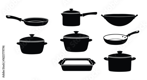 Collection of various cooking pots and pans silhouettes isolated on white background doodle style icon set