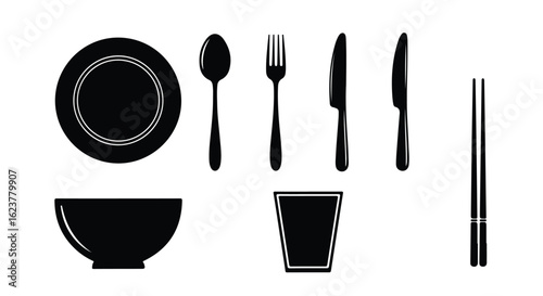 Set of cutlery, plate, and glass silhouettes isolated on white background doodle style icon set