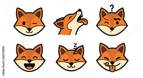 Collection of six fox faces displaying various expressions including winking sleeping and sticking tongue out