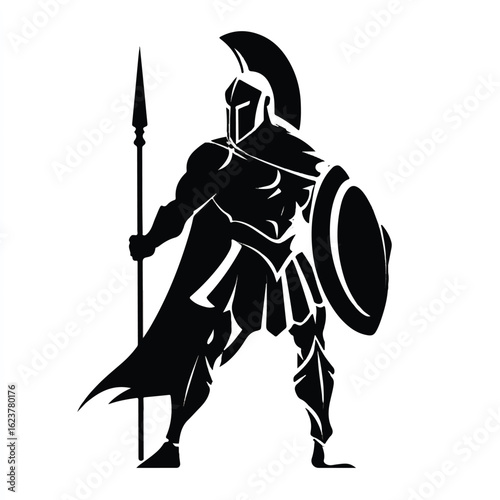 Spartan Warrior Illustration in Black and White with Spear and Shield Ready for Battle Vector Art