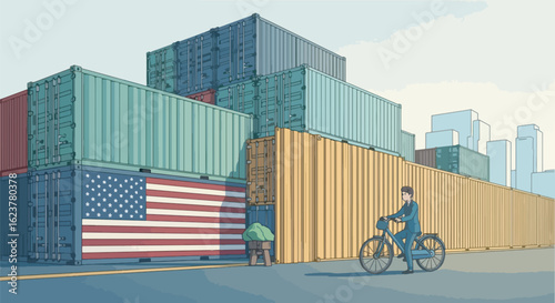 shipping containers stacked like a wall, with the US flag painted on them, symbolizing import tariffs and trade barriers.