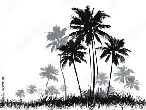 Tropical Palm Trees Silhouettes Against White Background Summer Paradise Island Relaxation Black and White Illustration Nature