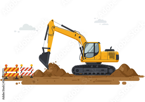 A bright yellow excavator with a large bucket digs into a pile of brown earth on a construction site, marked by striped safety barriers.