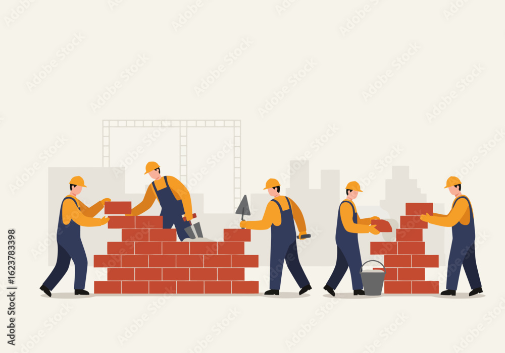Fototapeta premium Construction workers building a brick wall together, demonstrating teamwork and construction techniques.