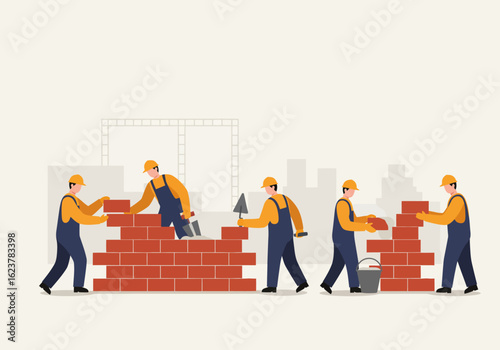 Construction workers building a brick wall together, demonstrating teamwork and construction techniques.