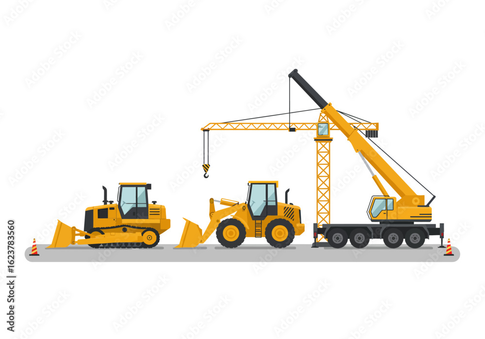 Naklejka premium Illustration of a yellow bulldozer, a front loader, and a crane standing in a row on a gray surface, with orange traffic cones marking the edges.