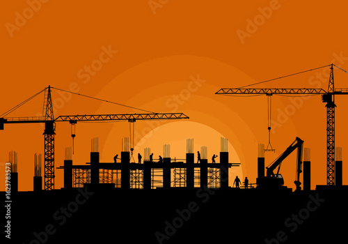 Silhouette of a construction site at sunset, with cranes and workers, suggesting urban development.