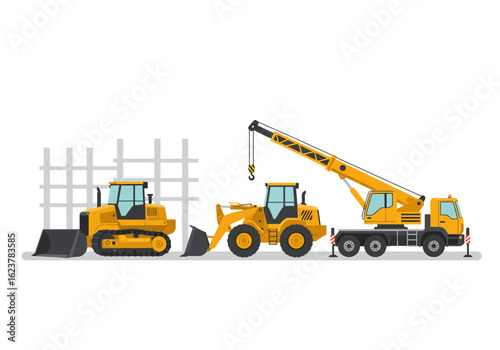 Yellow construction vehicles, including a bulldozer, a loader, and a crane, are depicted in a flat design.