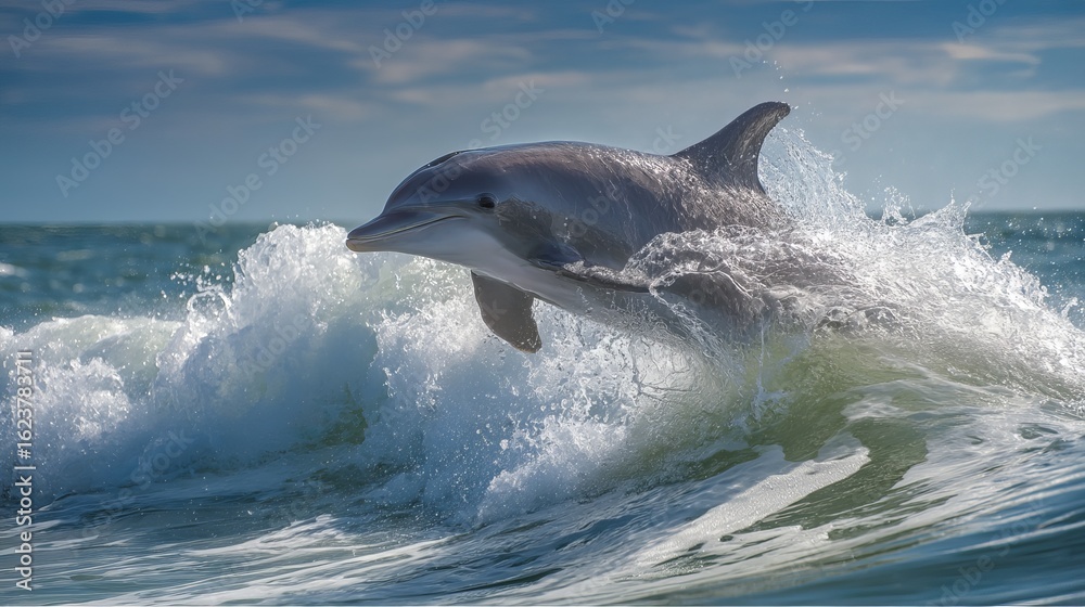 Naklejka premium A playful dolphin leaps through ocean waves under a bright blue sky.