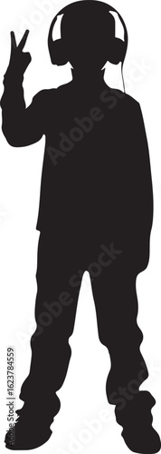 Person wearing headphones making peace sign silhouette music
