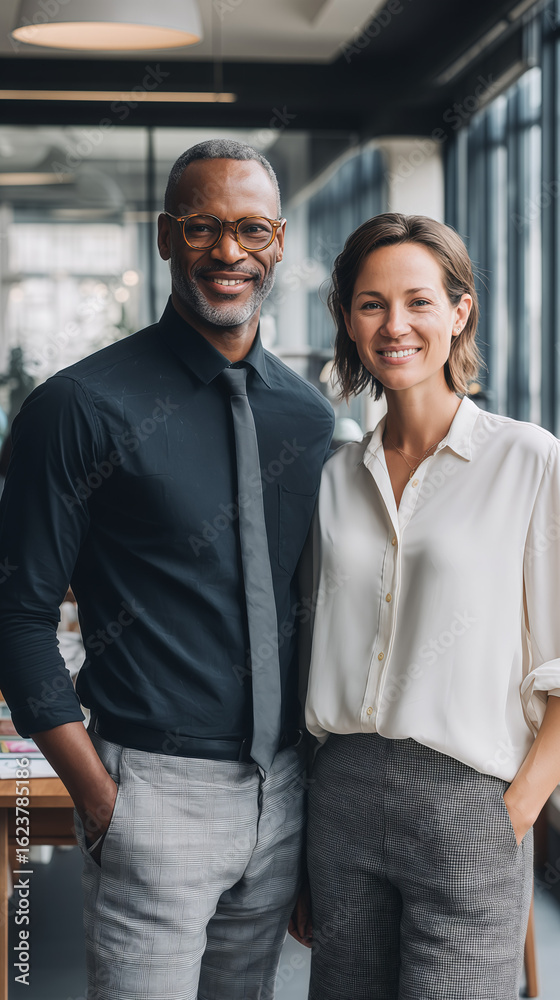 Fototapeta premium Professionalism in Diversity: A Portrait of a businessman and businesswoman standing side by side, showcasing collaboration and professionalism.