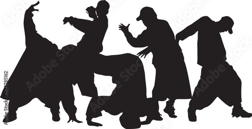 Silhouetted dancers performing dynamic moves black white
