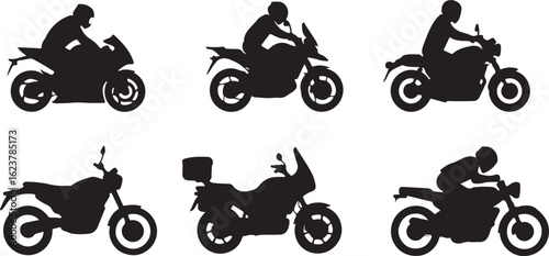 Silhouettes of motorcyclists riding different types of motorcycles rider black