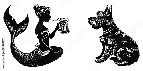 Whimsical Black and White Illustration of Mermaid Drinking Beer with Dog Watching On Isolated Background