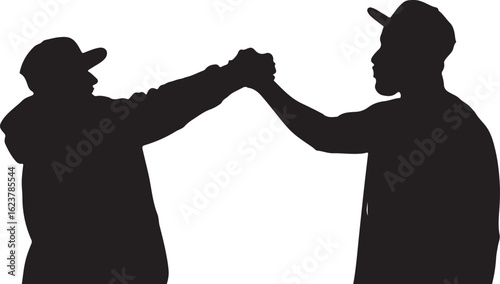 Two men shaking hands wearing baseball caps handshake two people
