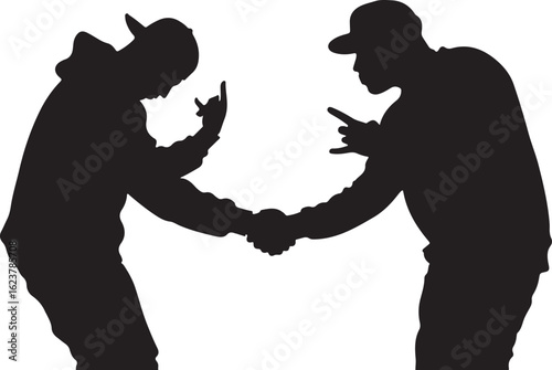 Two men shaking hands wearing baseball caps handshake silhouettes