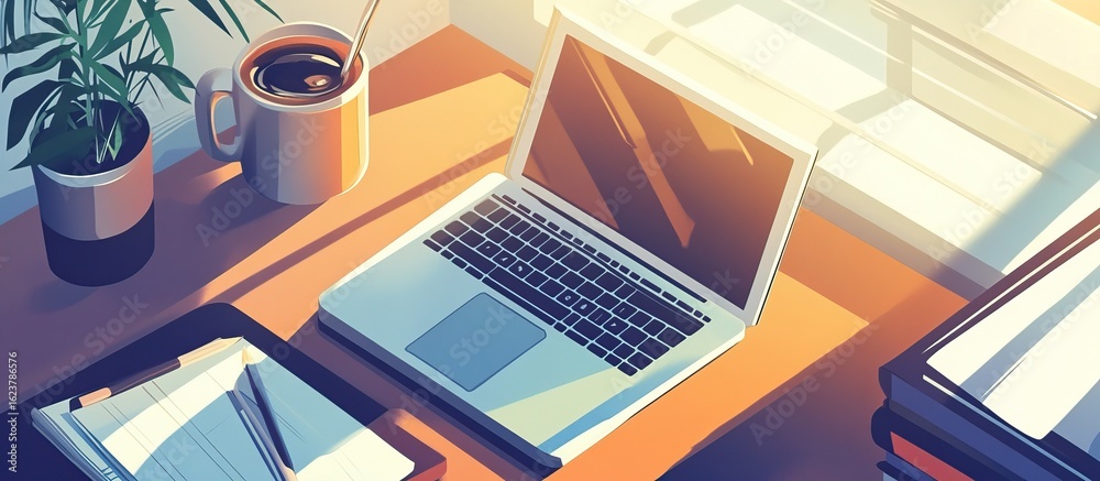 Fototapeta premium Laptop, Coffee, Notebook, Workspace