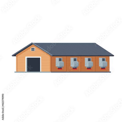 Poultry house with multiple windows and gray roof in rural setting  