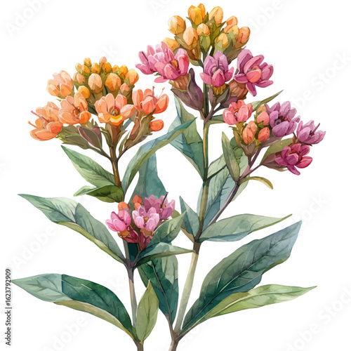 watercolor of Asclepias Flower, vector, isolated on a white background.