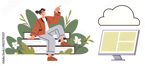 Casual girl sitting on outdoor bench surrounded by greenery, gesturing upward toward cloud icon next to monitor. Ideal for cloud computing, technology, remote work, internet concepts, online sharing