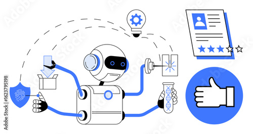 Robot conducting various tasks, including document assessment, package handling, scientific testing, and automation. Ideal for AI, robotics, innovation, automation quality control technology