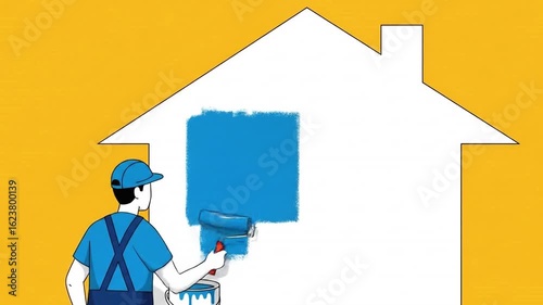 A painter with a roller applies blue paint to a white house cutout, yellow background.