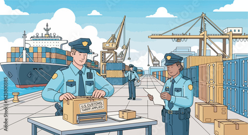 Illustration of a busy port with US customs officers inspecting cargo, stamping them with 'TARIFF APPLIED' labels.