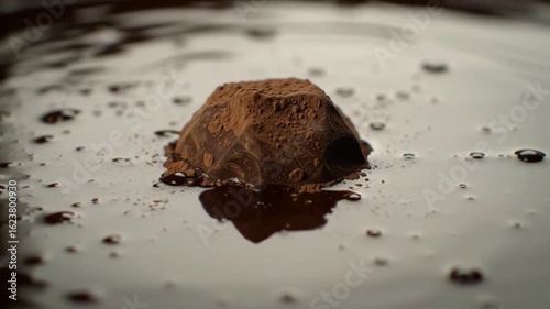 Chocolate truffle falling into liquid chocolate in slow motion