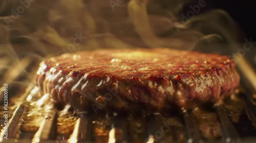 Juicy burger patty hits a hot grill with splash of oil and smoke