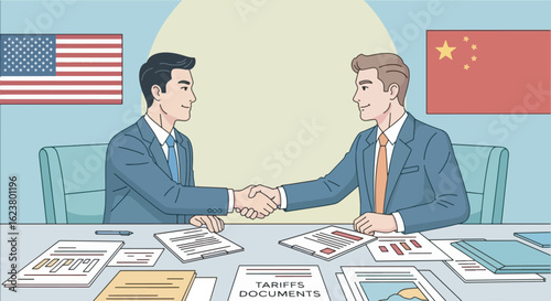 illustration of two businessmen shaking hands across a table full of tariffs documents, with US and China flags in the background