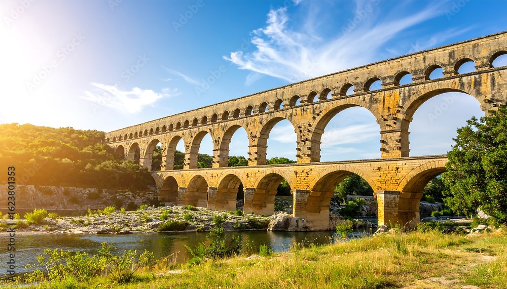 Fototapeta premium Ancient stone bridge spanning a river under a sunny sky