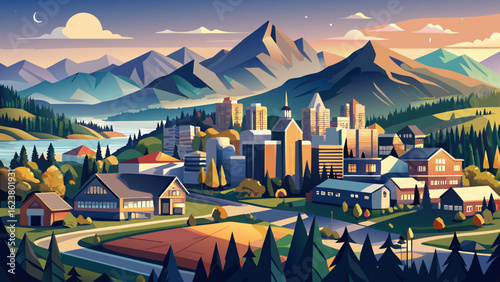 This semi-realistic vector captures Abbotsford’s aerial beauty—British Columbia’s scenic Vancouver suburb—where peaceful neighborhoods, rolling landscapes, and distant mountains unite in soft tones un