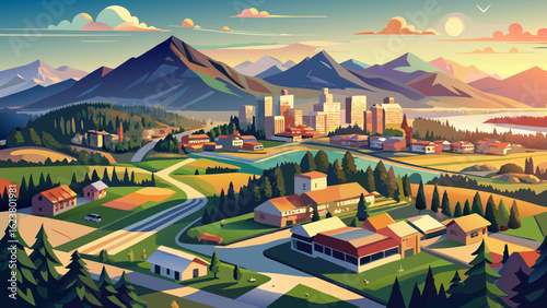 This semi-realistic vector captures Abbotsford’s aerial beauty—British Columbia’s scenic Vancouver suburb—where peaceful neighborhoods, rolling landscapes, and distant mountains unite in soft tones un
