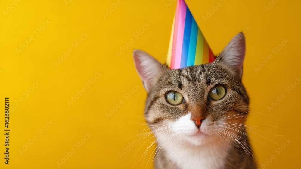 Obraz premium A playful cat wearing a colorful party hat. This whimsical image brings joy and celebration. Perfect for events, invitations, and fun marketing. Bright colors enhance the cheerful vibe. AI