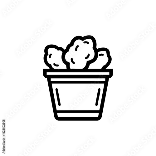Minimal black outline icon of a bucket filled with boneless fried chicken pieces, symbolizing crispy fast food and quick bites.

