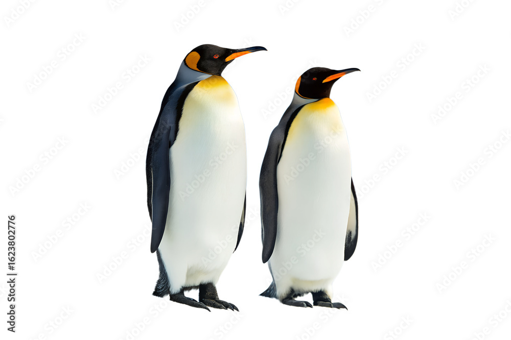 Fototapeta premium Two majestic King Penguins standing side by side. A detailed portrait of a bonded pair of flightless birds isolated on a clean white background.