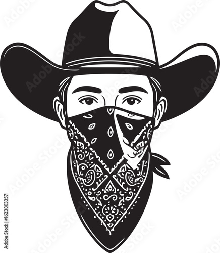 Cowboy with patterned bandana and wide brimmed hat face eyes