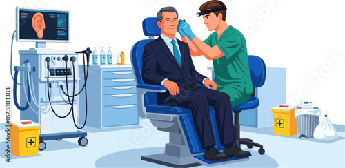 Hearing Consultation with an Otorhinolaryngologist for an Elderly Patient. Medical illustration of ENT specialist examining ear of senior man in equipped clinical office. 