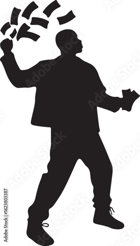 Man throwing money in the air silhouette cash