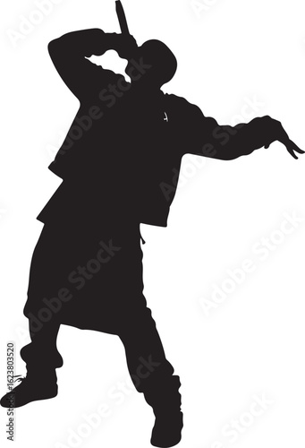 Silhouette of a person singing into a microphone performance