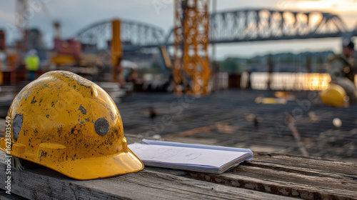 Labor Day tribute at riverfront worksite with helmet and breezy journal