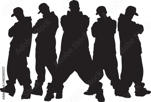 Silhouetted hip hop dancers with baggy pants and baseball caps group