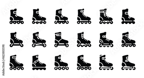 Solid black silhouette sports icon set  -  collection of rollerblade icons isolated on white background