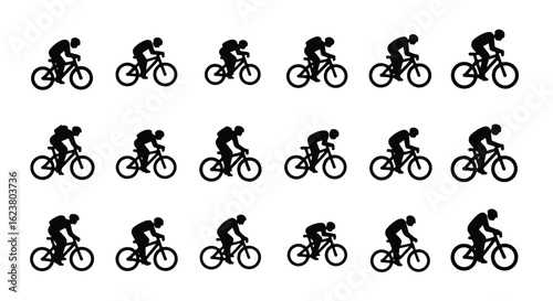 Solid black silhouette sports icon set  -  silhouettes of cyclists on bicycles, showcasing different riding styles and positions, isolated on a white background