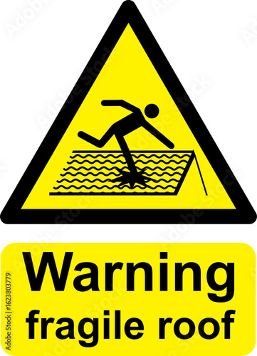 Black and yellow vector graphic of Warning fragile roof warning sign. It consists of a symbol in a triangle above warning text.