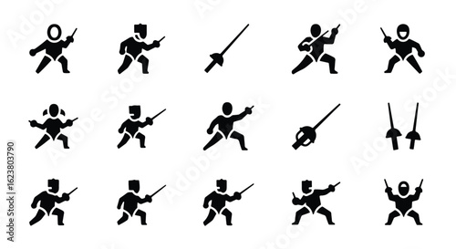 Solid black silhouette sports icon set  -  silhouette of a fencer in action with a sword, isolated on white background