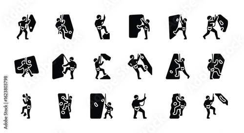 Solid black silhouette sports icon set  -  climber planting a flag on a mountain peak, silhouette isolated on white background